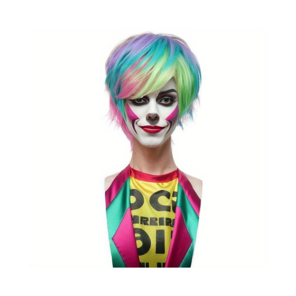 Unisex Multicoloured Costume Wigs Rainbow Short Straight Wig Synthetic Wig With Bangs Cosplay Wig For Halloween Cosplay Party