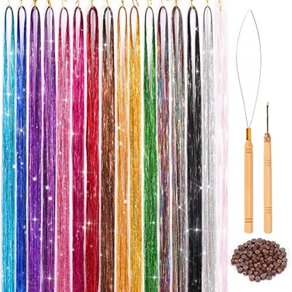 16 Colors Hair Tinsel Kit 121 92 Cm 3300 Strands Tinsel Hair Extensions Fairy Hair Tinsel For Christmas Halloween Cosplay Party Highlights Sparkling G