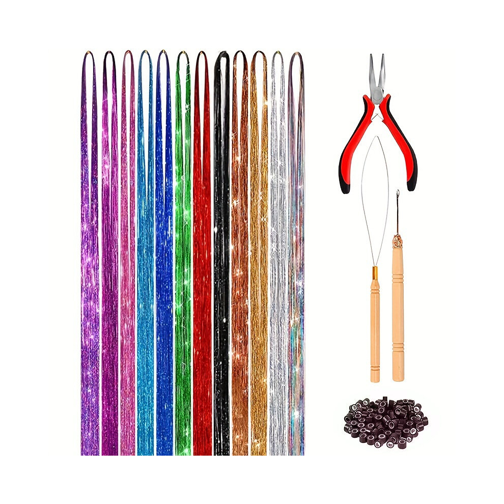 Tinsel Hair Extension With Tool 119 38 Cm 2400 Strands 12 Mixed Colors Hair Extension Tinsel Kit Glitter Hair Extensions For Women Girls Hair Accessor