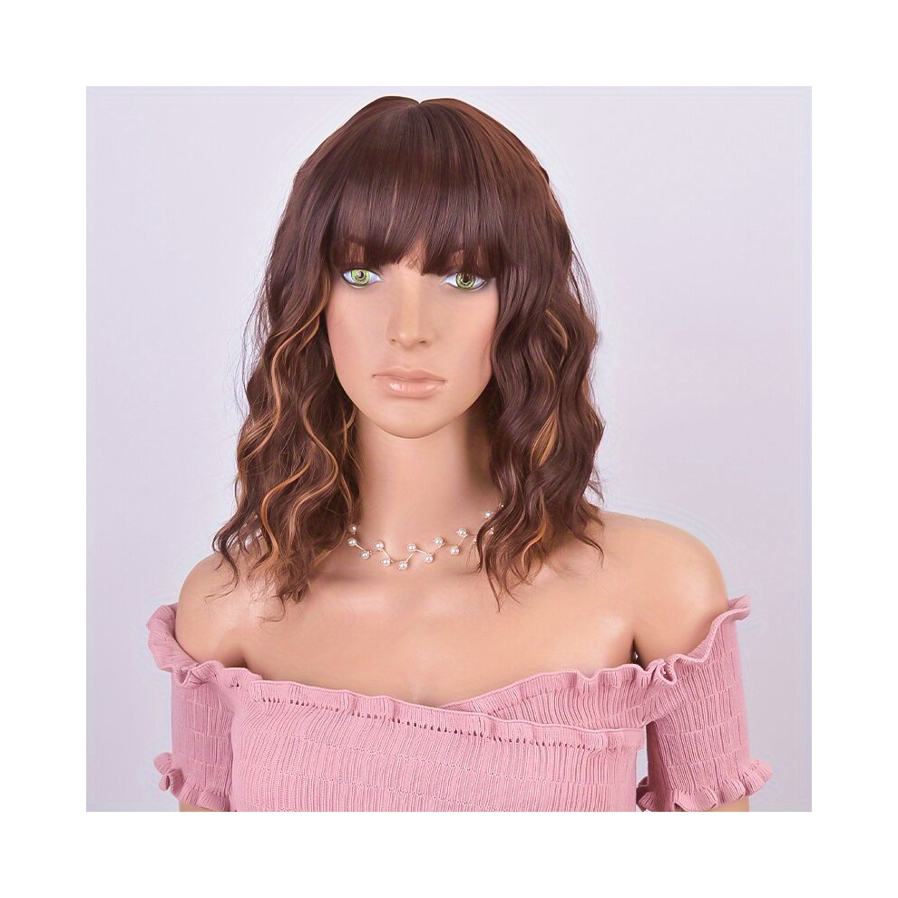 Blonde 35 56 Cm Curly Wavy Hair Wigs With Bangs Synthetic Wavy Wigs Heat Resistant Wigs For Daily Party Cosplay Wear