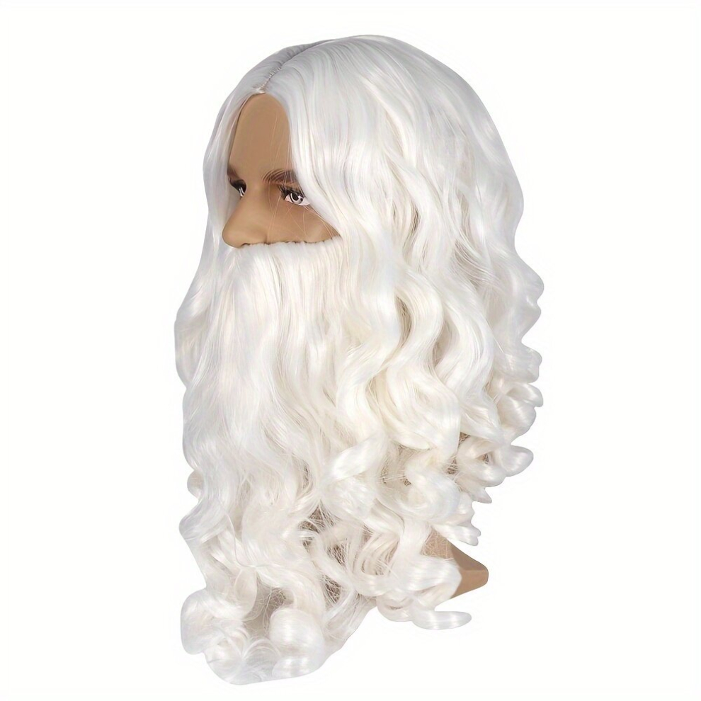 Unisex White Santa Beard Wig Costume Wigs Medium Long Curly Synthetic Wig With Long Beard Beginners Friendly Heat Resistant For Halloween Cosplay Party