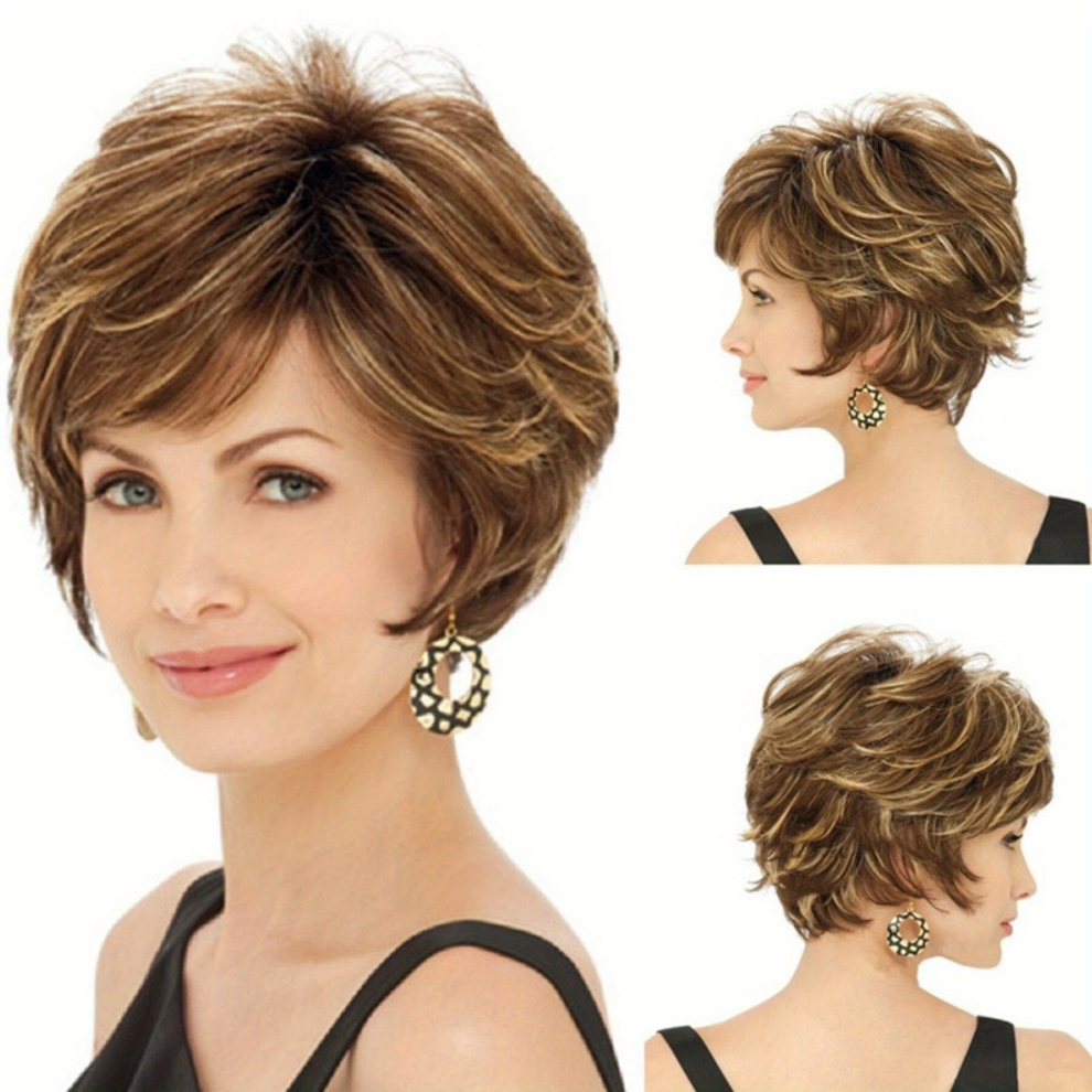 Unisex Multicoloured Short Curly Wigs For Women Ladies Mixed Brown Wig Pixie Cut Wig With Bangs Wavy Layered Synthetic Hair Wig Natural Looking