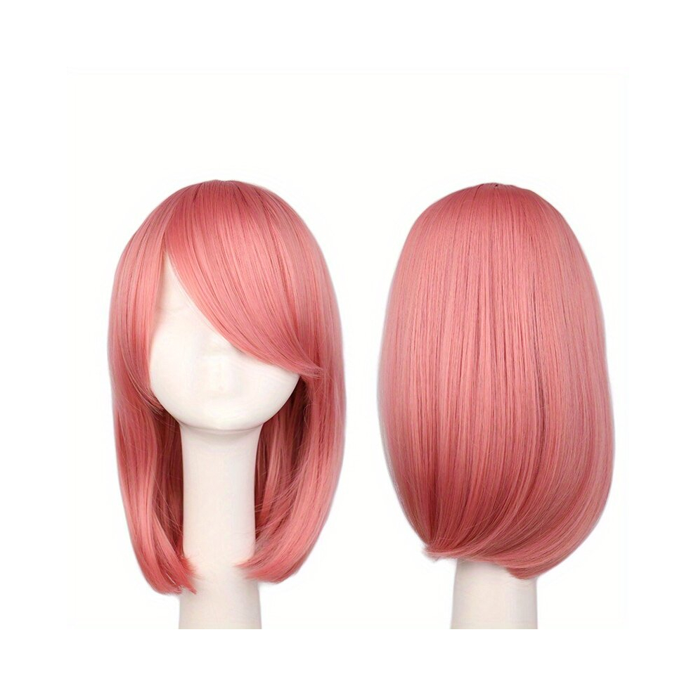 Unisex Pink Short Bob Wigs With Bangs Straight Wig For Women Cosplay Halloween Party Synthetic Hair