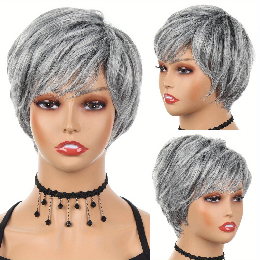 High Temperature Synthetic Short Wig with Bangs for Women Mixed Gray Hair Daily Use Wig with Heat Resistant Fiber