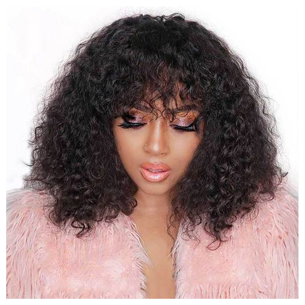 Unisex Black Curly Wave Cut Bob Human Hair Wigs With Bangs Full Machine Human Hair Wigs For Women