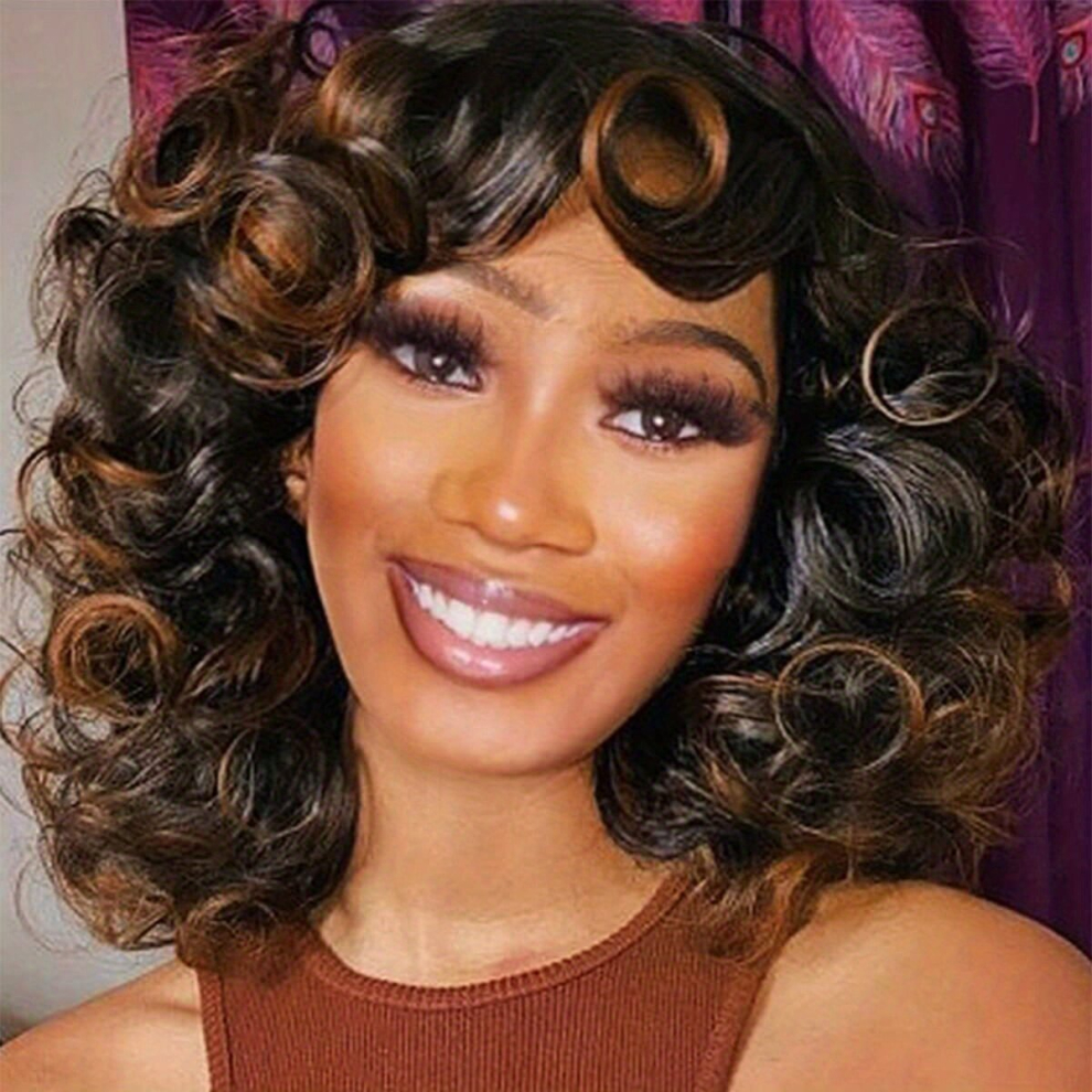 Unisex Multicoloured Fluffy And Bouncy Short Curly Wig With Bangs Heat Resistant Synthetic Afro Kinky Curls Hair For Cosplay And Parties Full Wig For Women