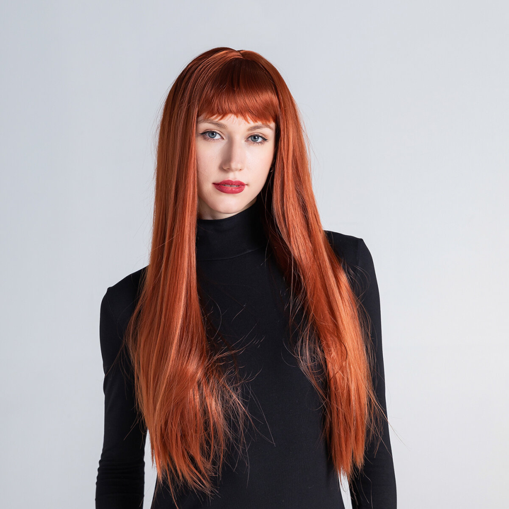Natural Long Straight Synthetic Wig With Bangs Orange For Women Daily Party Cosplay Wear