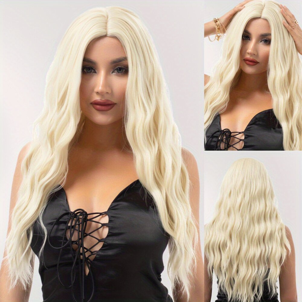 66 04 Cm Blonde Long Wave Wigs Womens Middle Part Wave Wigs Synthetic Fiber Heat Resistant Wig For Daily Party Cosplay Wear