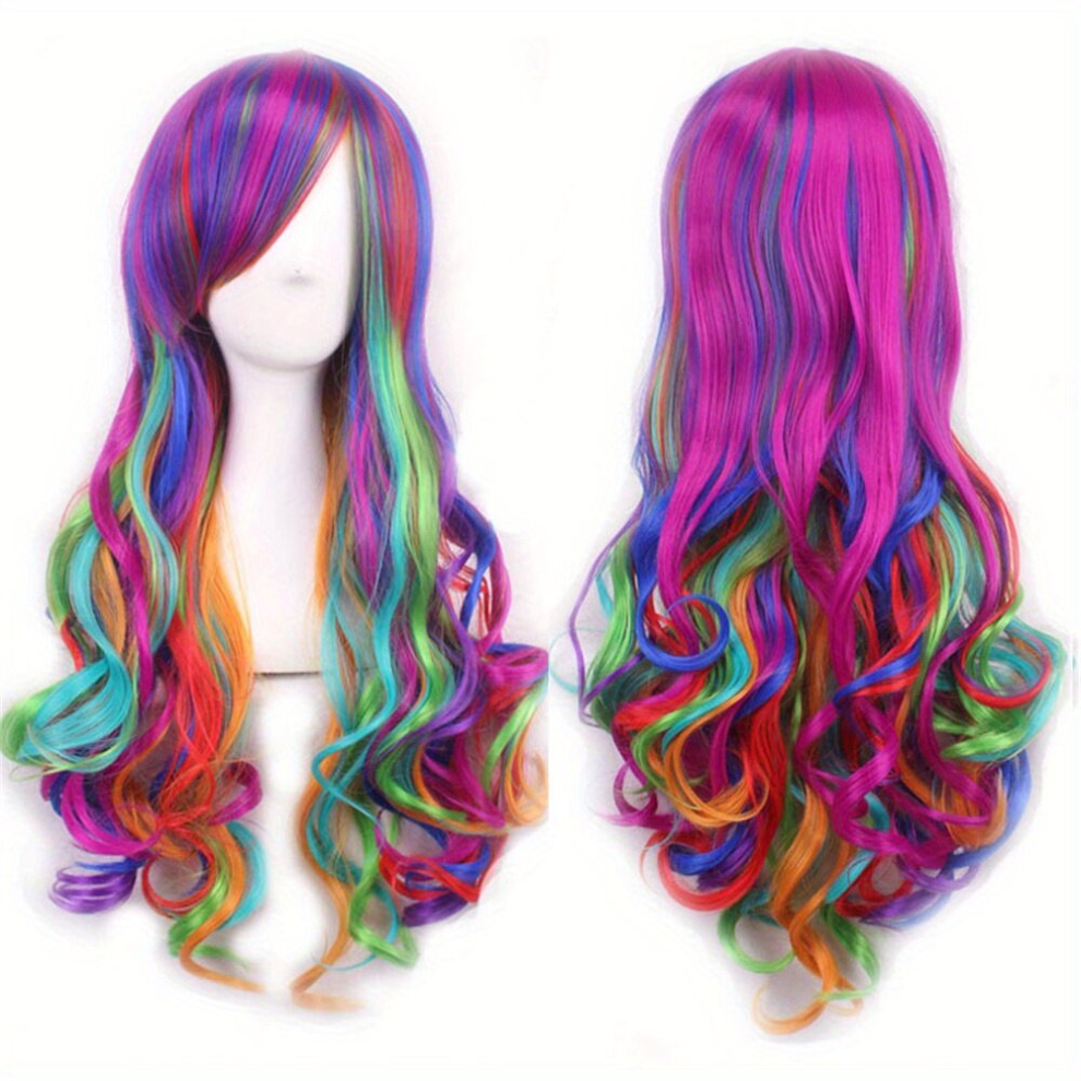 Unisex Multicoloured Costume Wigs Colorful Long Curly Synthetic Wig Beginners Friendly Heat Resistant For Halloween Cosplay Party