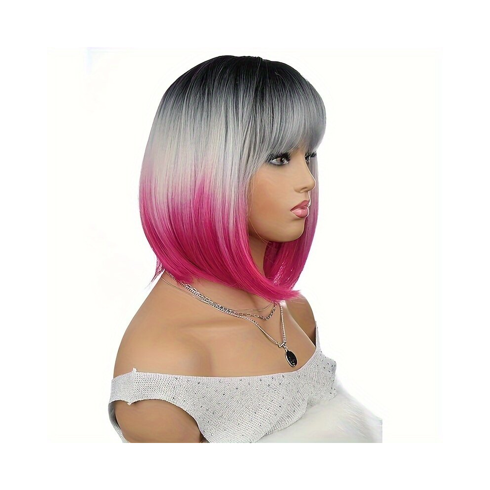 Ombre Short Straight Bob Cut Wig With Bangs Synthetic Wig Beginners Friendly Heat Resistant