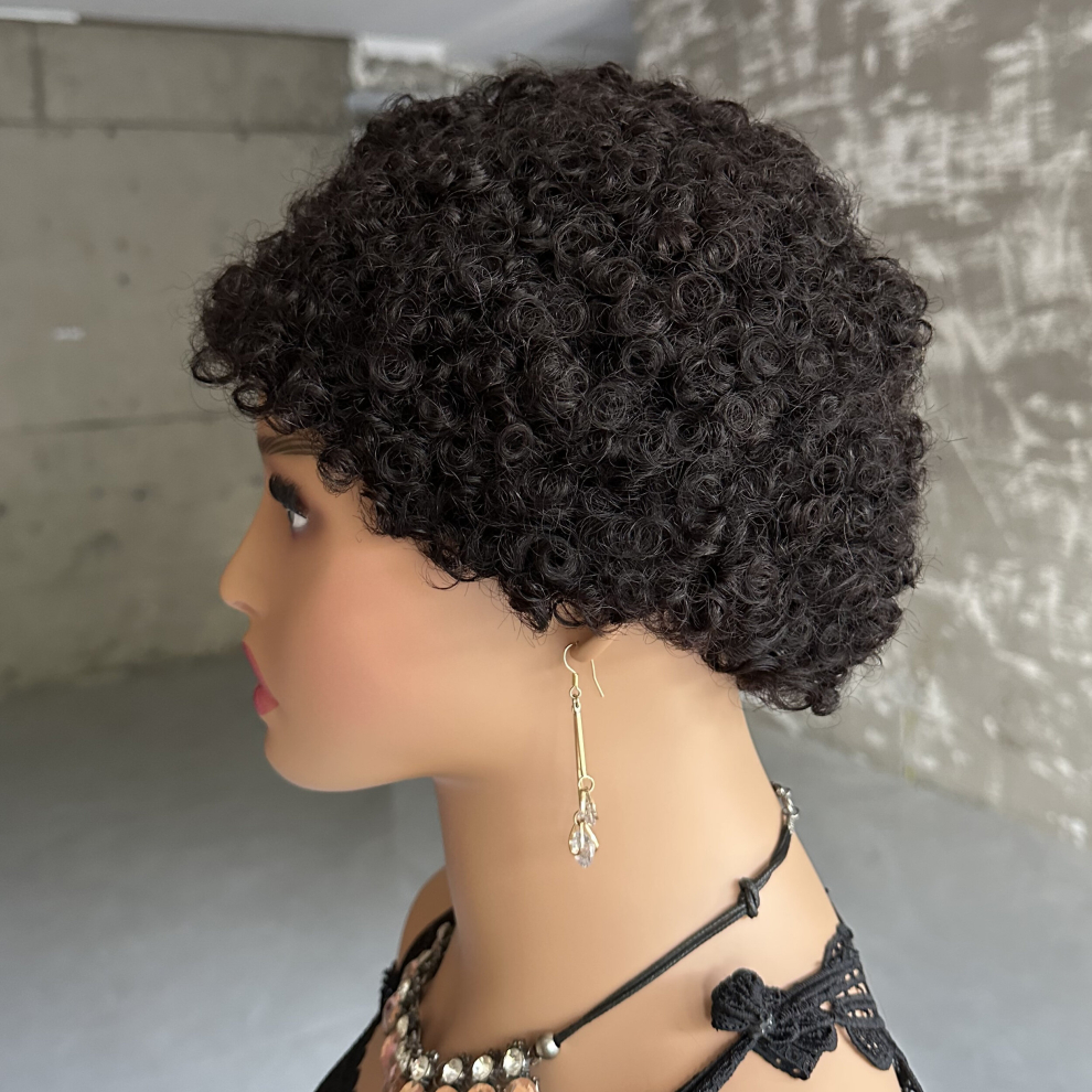 Unisex Multicoloured Afro Kinky Curly Human Hair Wigs With Bangs Glueless Short Pixie Cut Human Hair Wigs For Women Full Machine Kinky Curly Human Hair Wigs