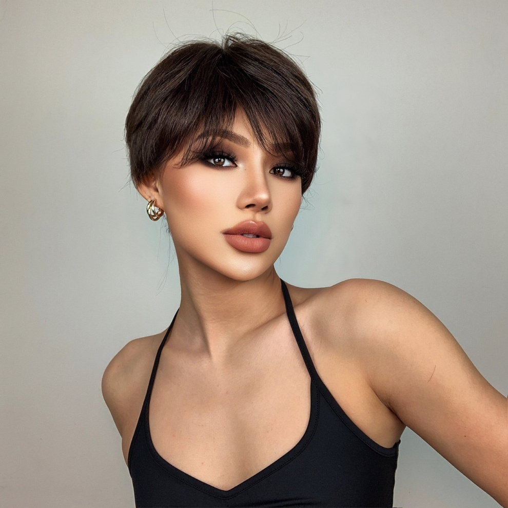Unisex Brown 8Inch Short Wigs With Bangs Fiber Layered Synthetic Wigs Natural Looking Short Hair