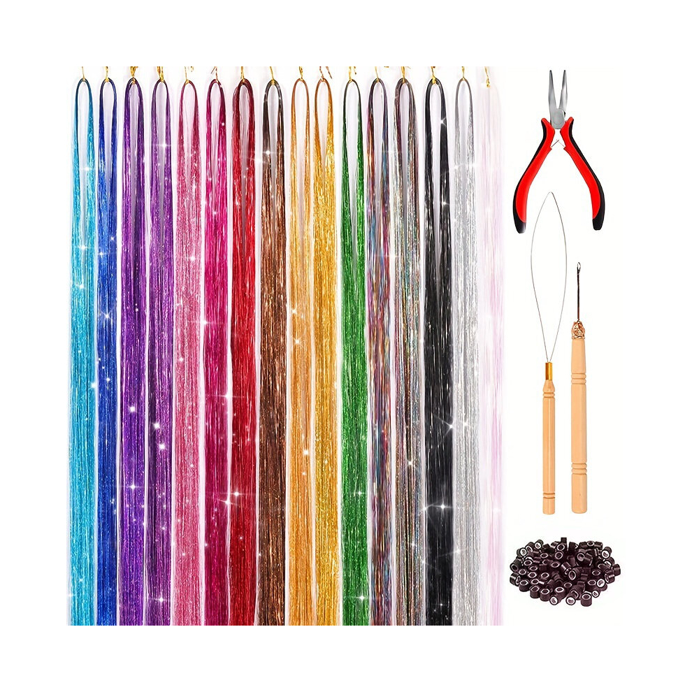 Tinsel Hair Extension With Tool 3200 Strands 16 Mixed Colors Hair Extension Tinsel Kit Glitter Hair Extensions For Women Girls Hair Accessories For Ch