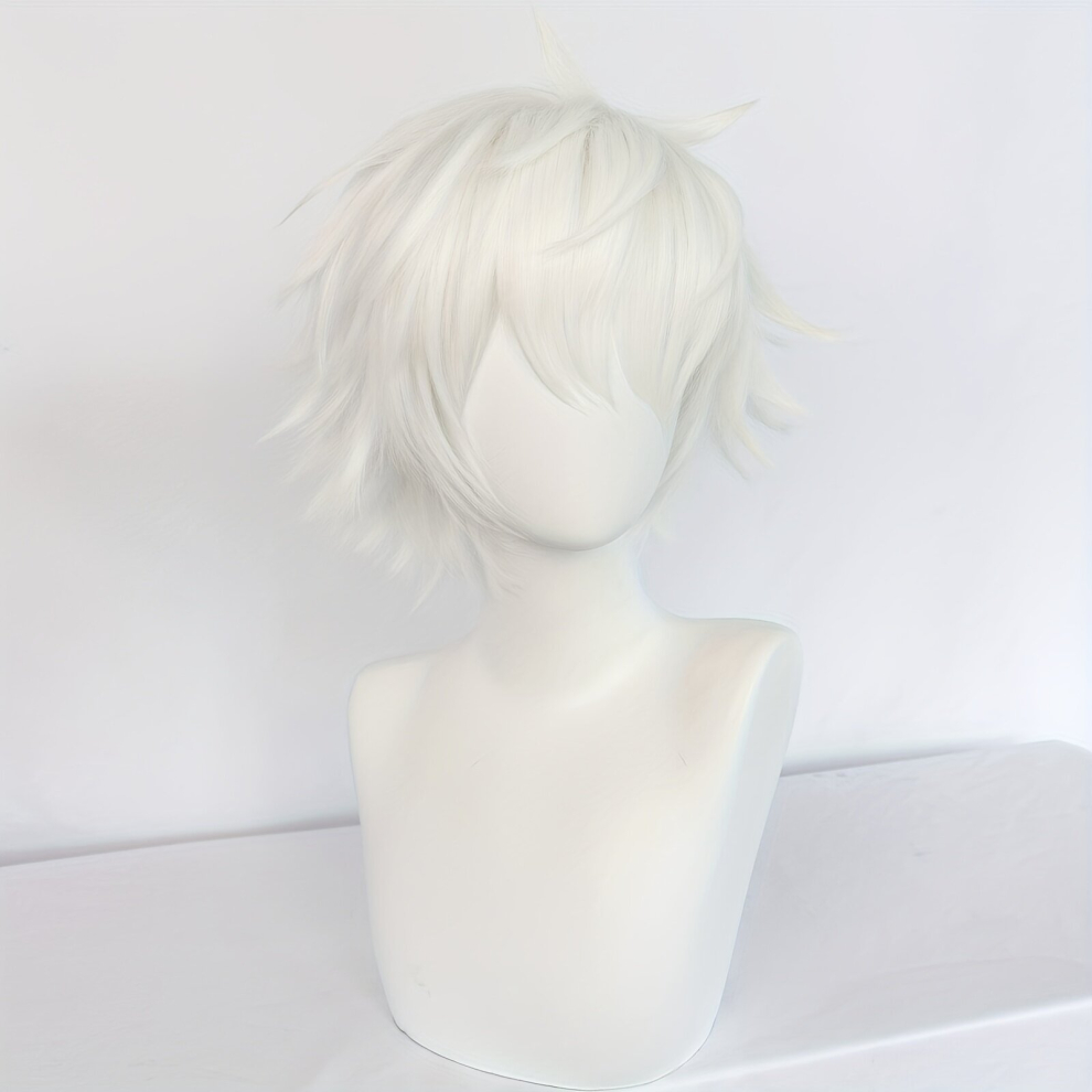 Unisex White Synthetic Hair Short Silvery Spiky Wig With Bangs Anime Cosplay Wig For Halloween Christmas School Thanksgiving Use & 1Pc Wig Cap