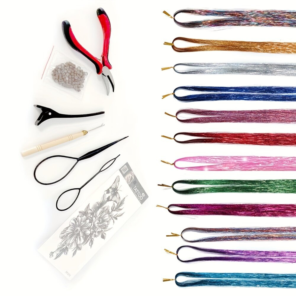 12 Colors Hair Tinsel Kit Strands With Tool Fairy Hair Tinsel Glitter Sparkling Silk Tinsel Hair Extensions For Women Girls 121 92 Cm