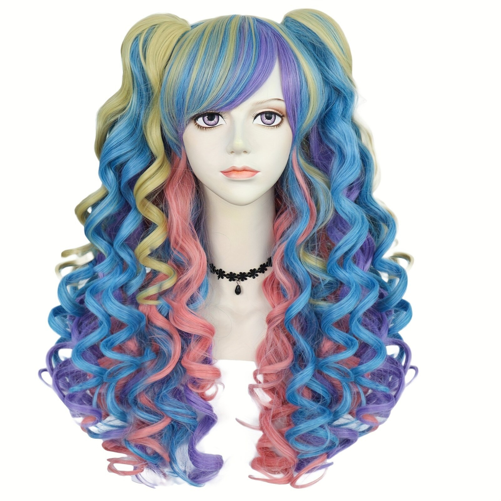 Unisex Multicoloured 24Inch Long Synthetic Lolita Multicolor Wavy Wigs With Bangs For Cosplay Costume For Halloween Party Christmas School & 1Pc Wig Cap