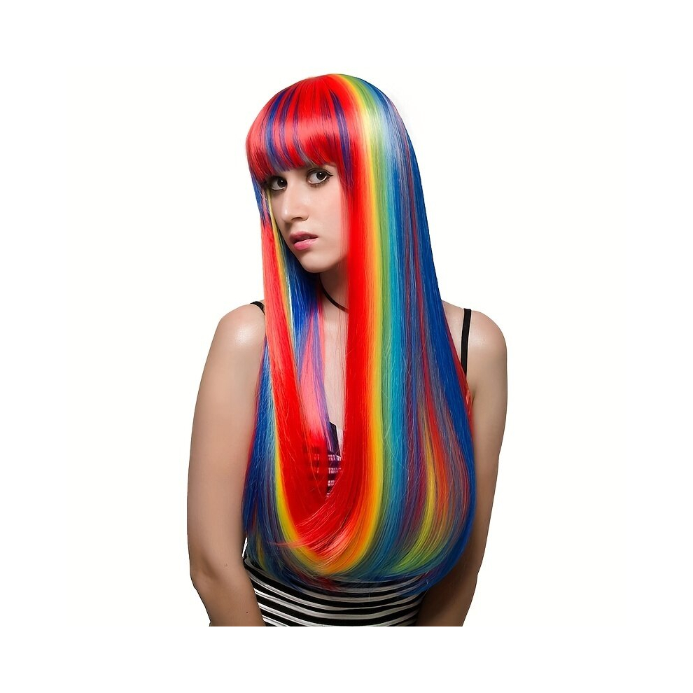 Unisex Multicoloured Costume Wigs Rainbow Long Straight Wig Synthetic Wig With Bangs Cosplay Wig For Halloween Cosplay Party 71