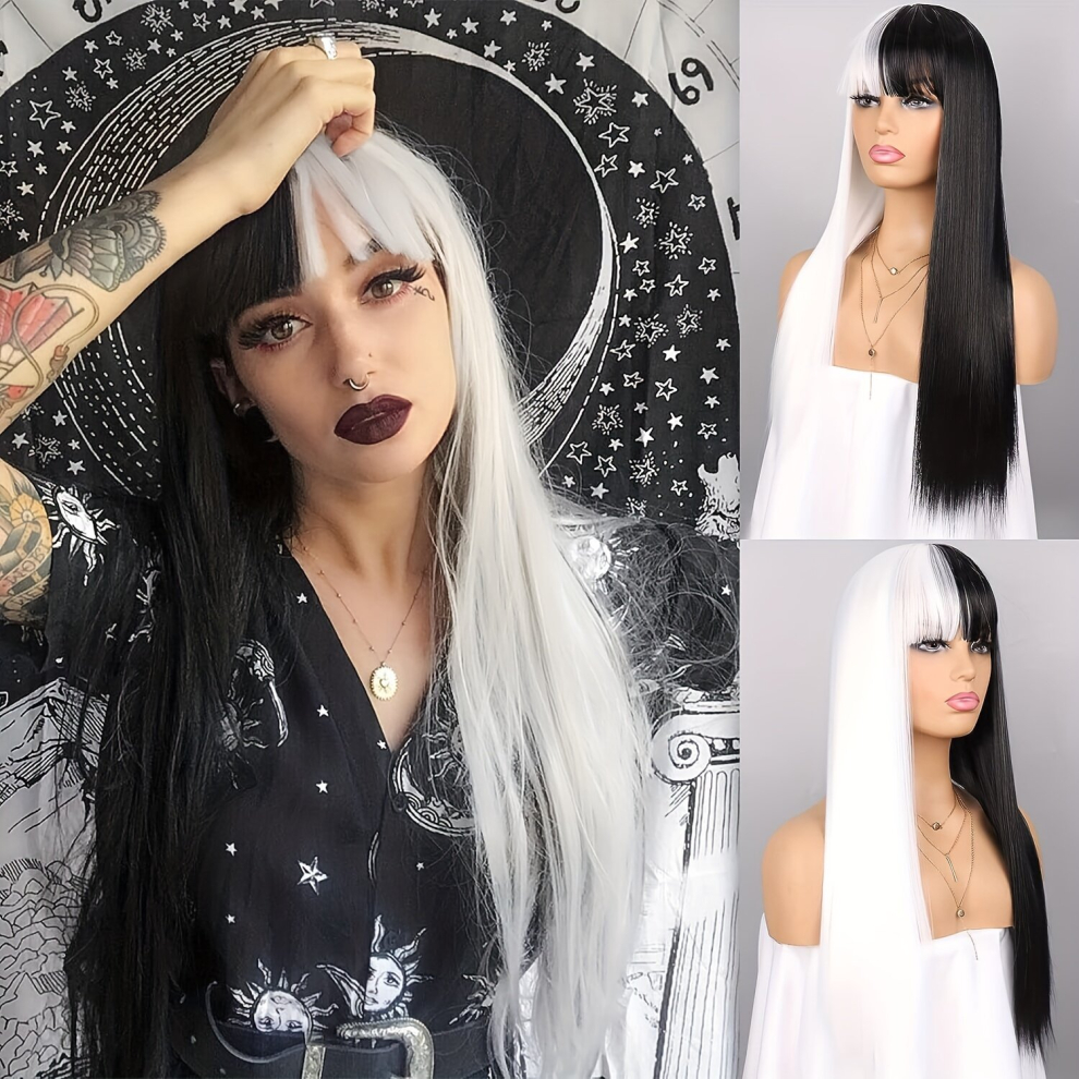 Unisex Black Wig Long Straight Synthetic Wig And Bob Wig Middle Part Heat Resistant Cosplay Halloween Party Wig For Women Half And Half