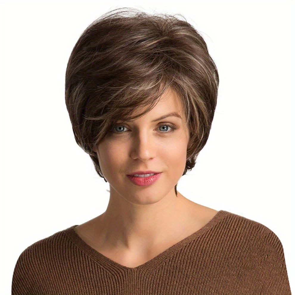 HighLight Brown Short Straight Bob Cut Wig With Bangs Synthetic Wig Beginners Friendly Heat Resistant