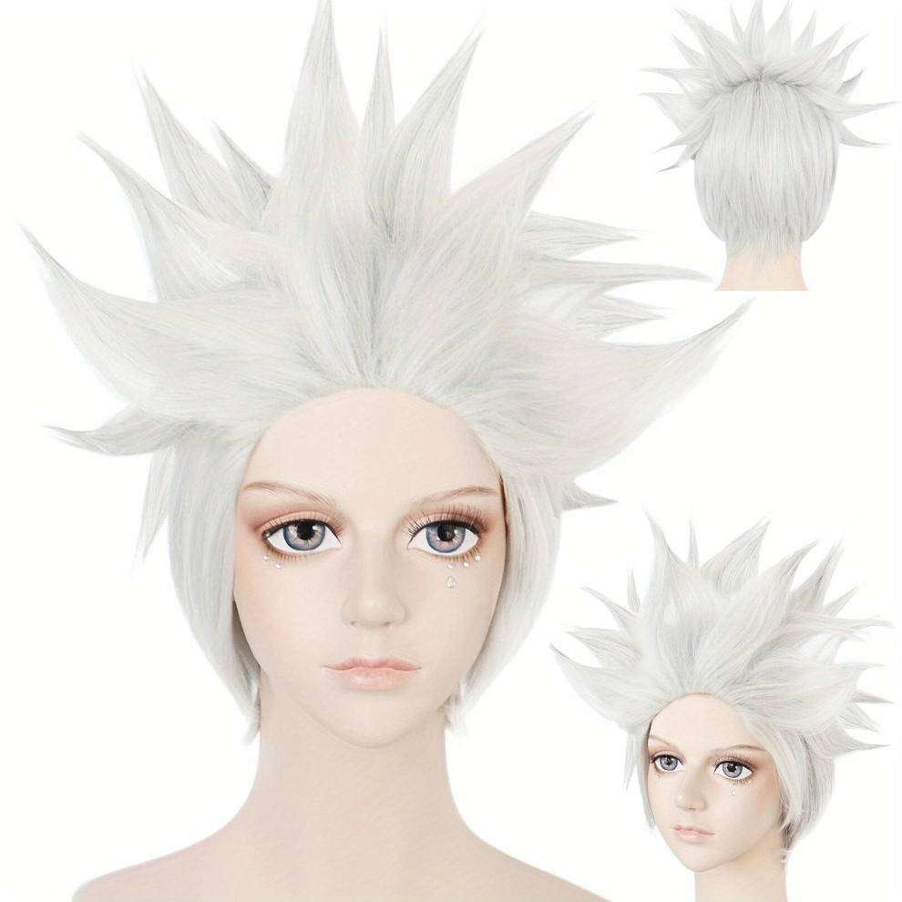 Unisex White Cosplay Wigs Short Hair Wigs Synthetic Fiber Hair Replacement Wigs For Anime Cosplay Halloween Party Wear & 1Pc Wig Cap