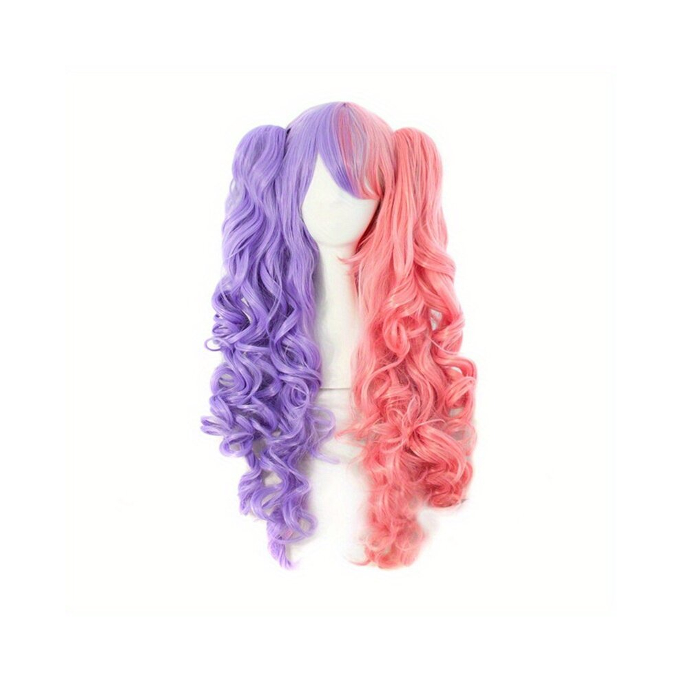 Unisex Multicoloured Costume Wigs Two Tone Gemini Hair Long Curly Double Ponytail Synthetic Wig With Bangs For Halloween Cosplay Party
