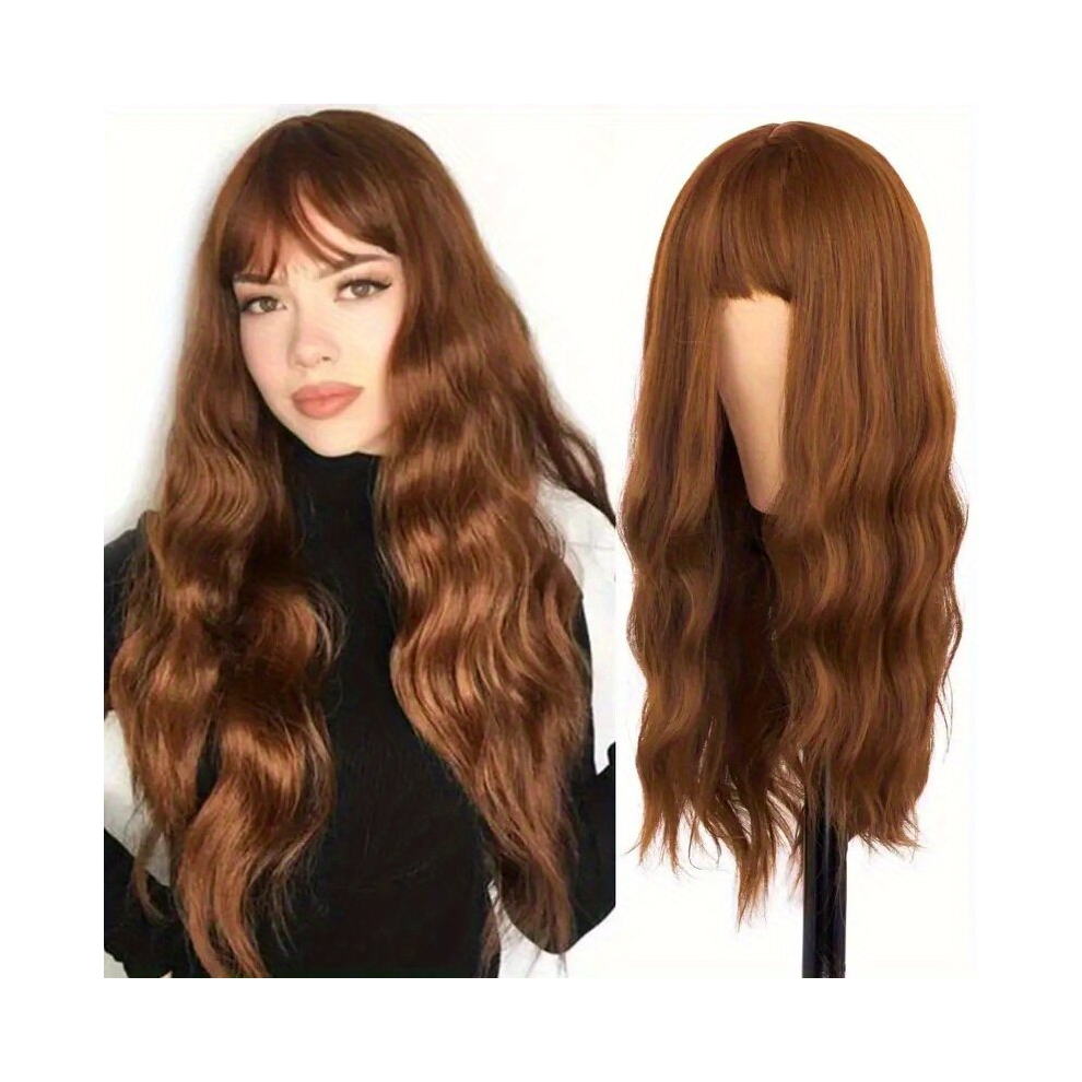 Long Curly Wig With Bangs Pink Wavy Synthetic Hair With Fringe Party Cosplay Wig Halloween Costume Wig For Women Girls