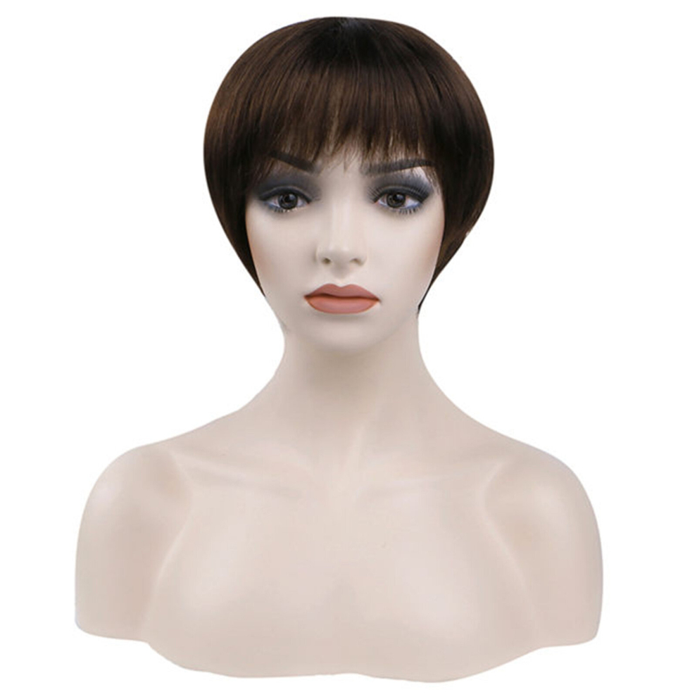 Unisex Brown Root Pixie Cut Wig With Bangs Heat Resistant Synthetic Haircut For Women