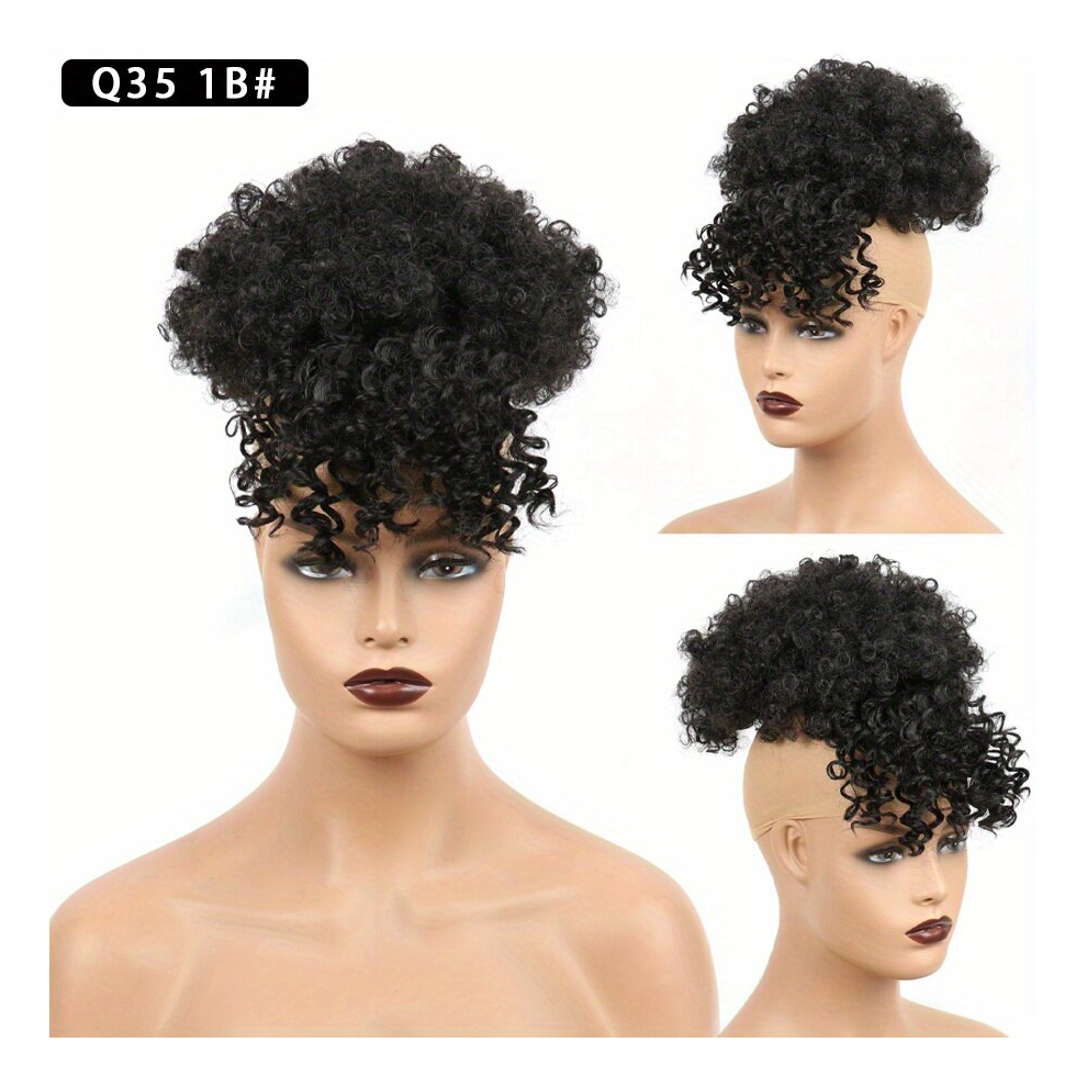 Unisex Multicoloured Afro Puff Drawstring Ponytail With Bangs Synthetic Curly Hair Bun With Bangs Afro Puff Ponytail Extensions For Women