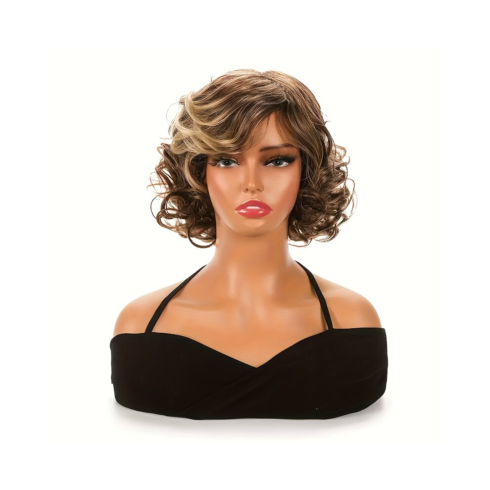 Short Curly Bob Cut Wig Synthetic Wig Beginners Friendly Heat Resistant Feather Wig Costume Wig