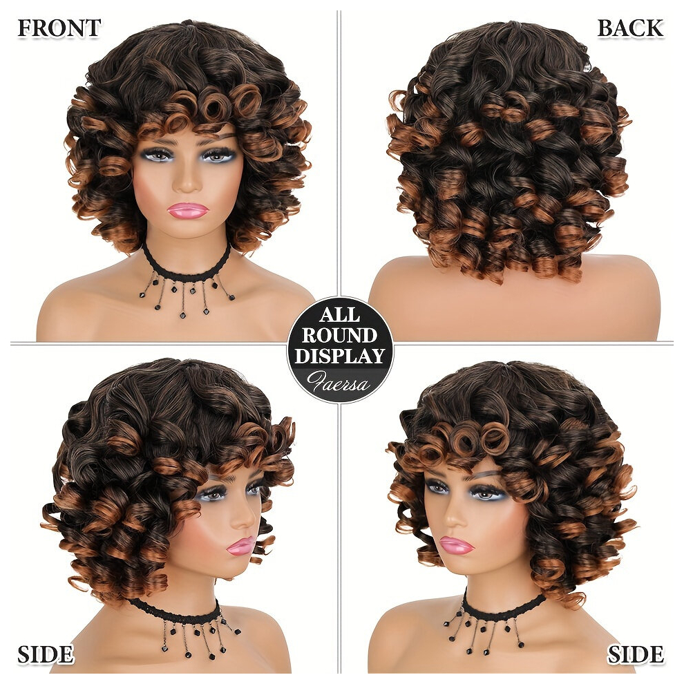 Unisex Multicoloured Short Hair Afro Kinky Curly Wigs With Bangs For Women Fluffy Synthetic African Ombre Glueless Cosplay Natural Brown Wigs
