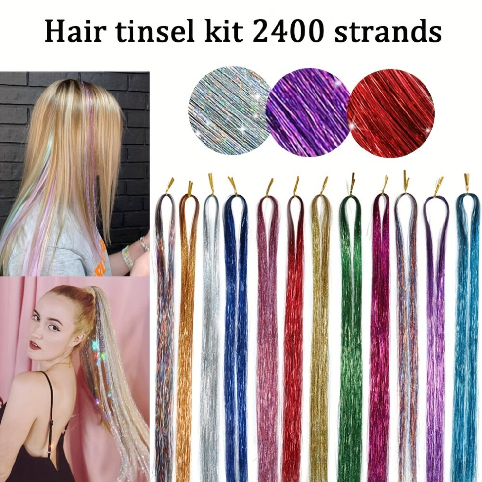 121 92 Cm Hair Tinsel Extension Kit With Tool 12 Colors 2400 Strands Hair Extension Tinsel Kit Glitter Hair Extensions For Women Girls Hair Accessorie