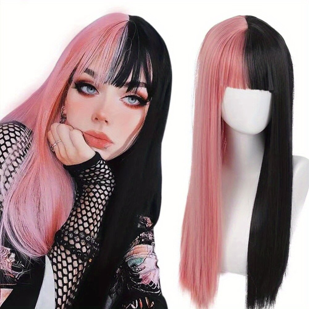 Unisex Multicoloured Costume Wigs Gemini Hair Long Straight Wig Synthetic Wig With Bangs Cosplay Wig For Halloween Cosplay Party