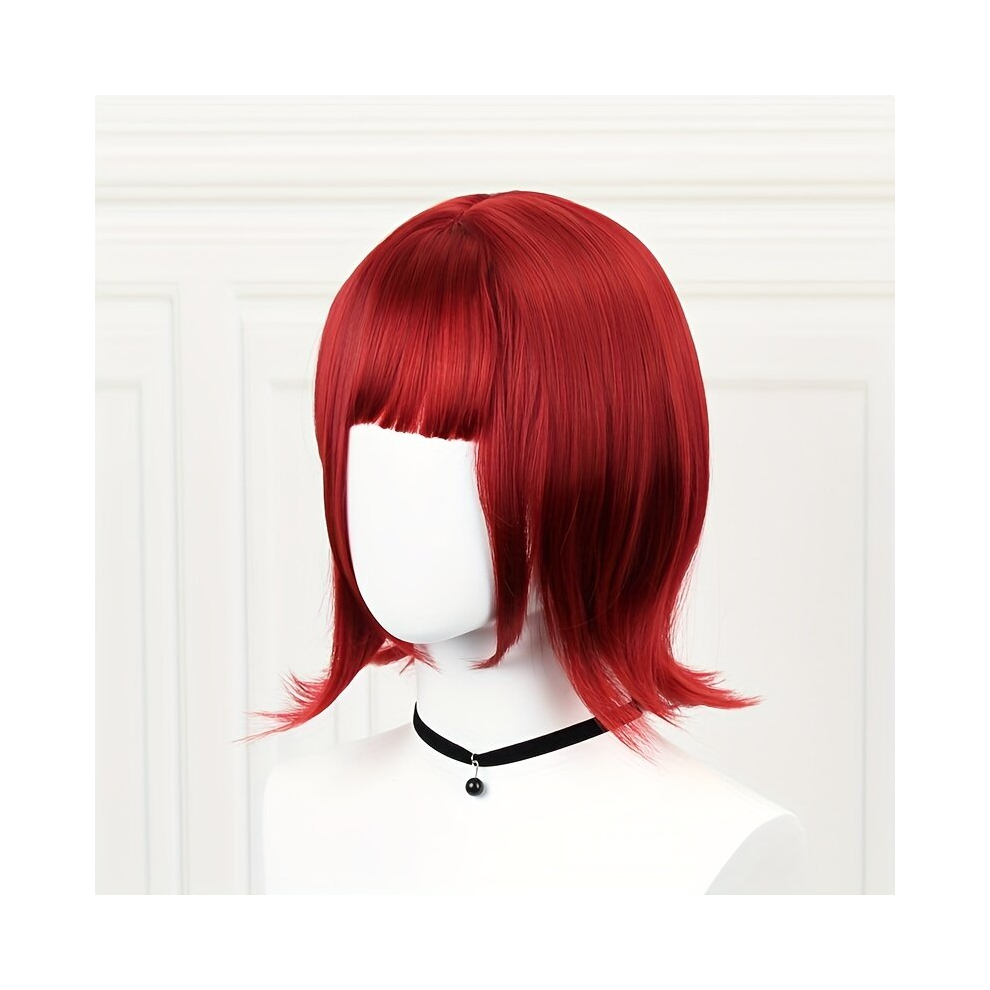 Unisex Multicoloured 1Pc Halloween Cosplay Wig Women Hair Short Red Straight Wig With Bangs 14Inch Synthetic Wig Anime Game Wig