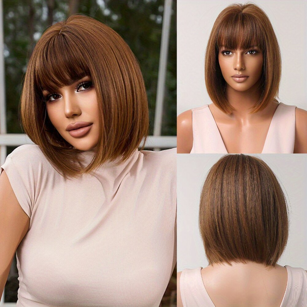Highlight Short Straight Bob Cut Wig With Bangs Synthetic Wig Beginners Friendly Heat Resistant