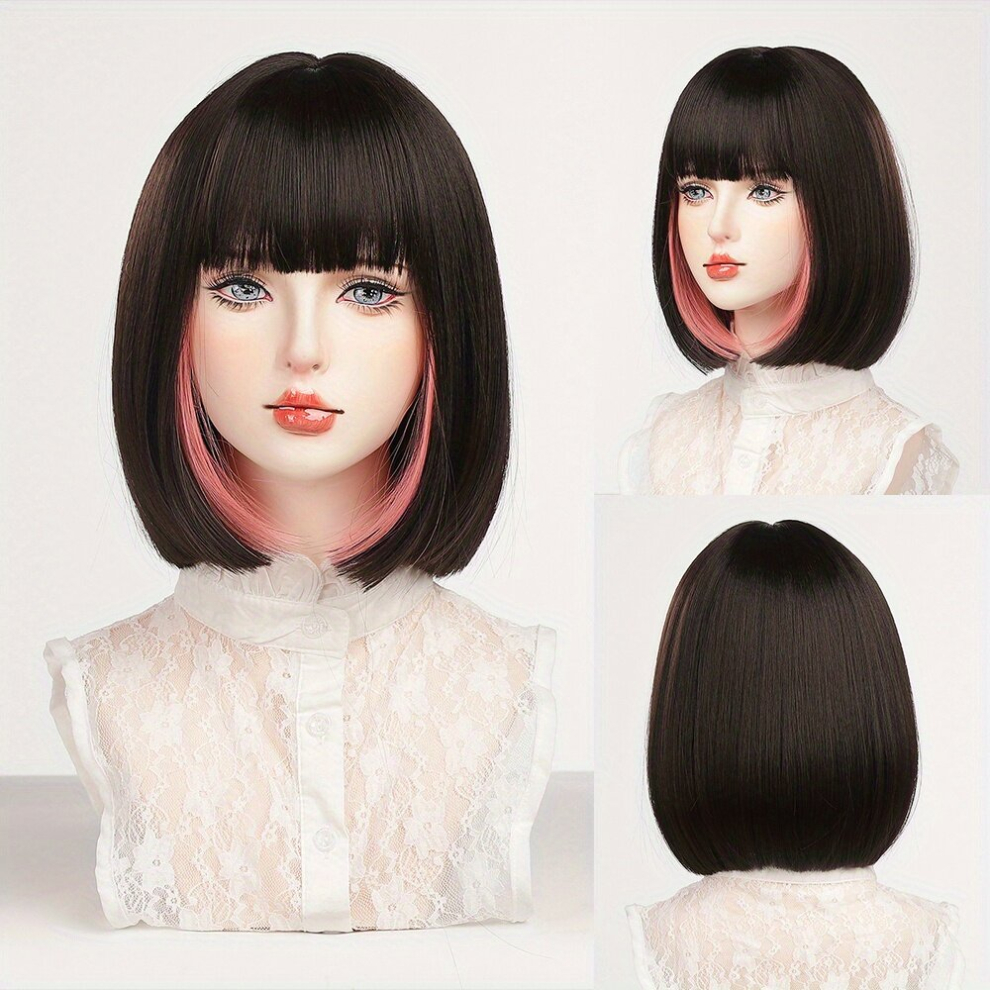 35 Short Bob Highlight Straight Hair Wigs With Bangs Synthetic Fiber Hair Wigs For Women Girls