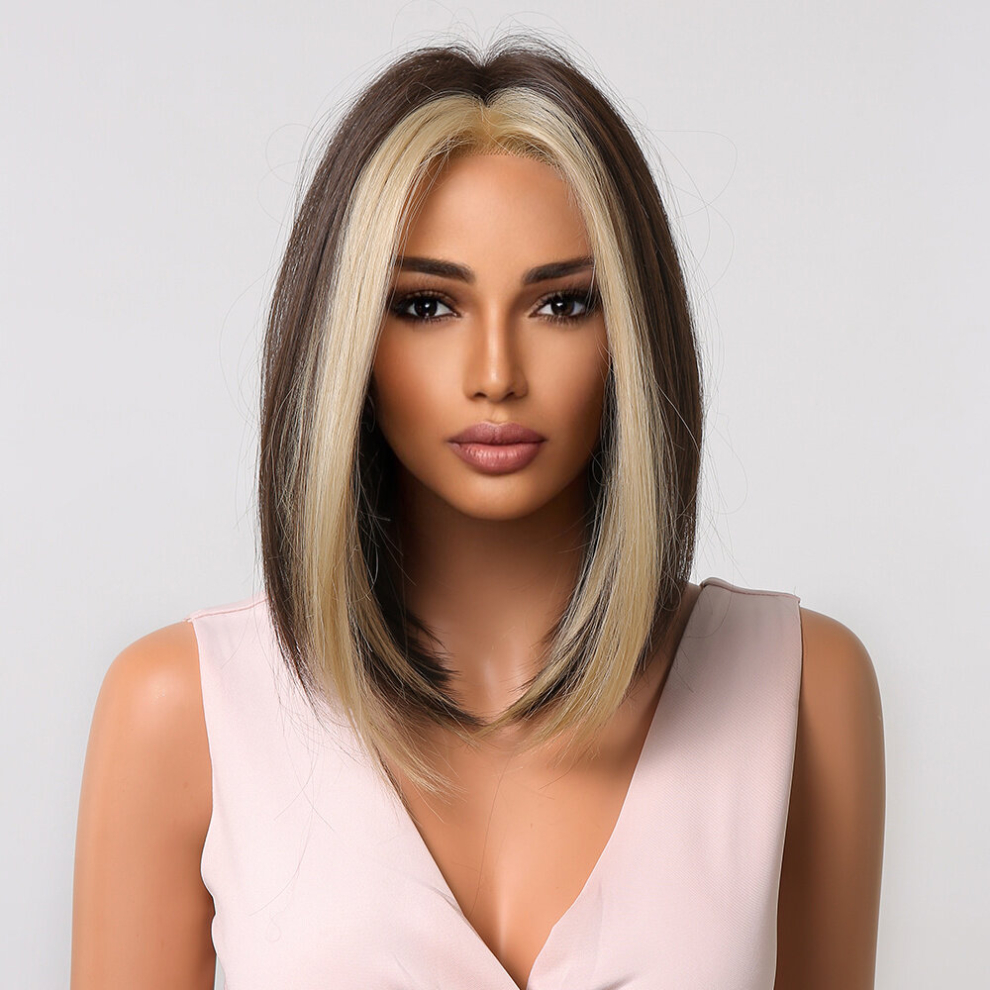 Brown Ginger Highlights Bob Hair Wig with Middle Part Short Straight Synthetic Haircut Fiber Wig for Women
