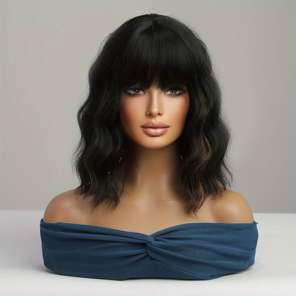 Shoulder Length Bob Wig Loose Wavy Layered Synthetic Wig For Women Girl Medium Curly Synthetic Wig With Bangs For Women Girls Daily Party Wear Burgund