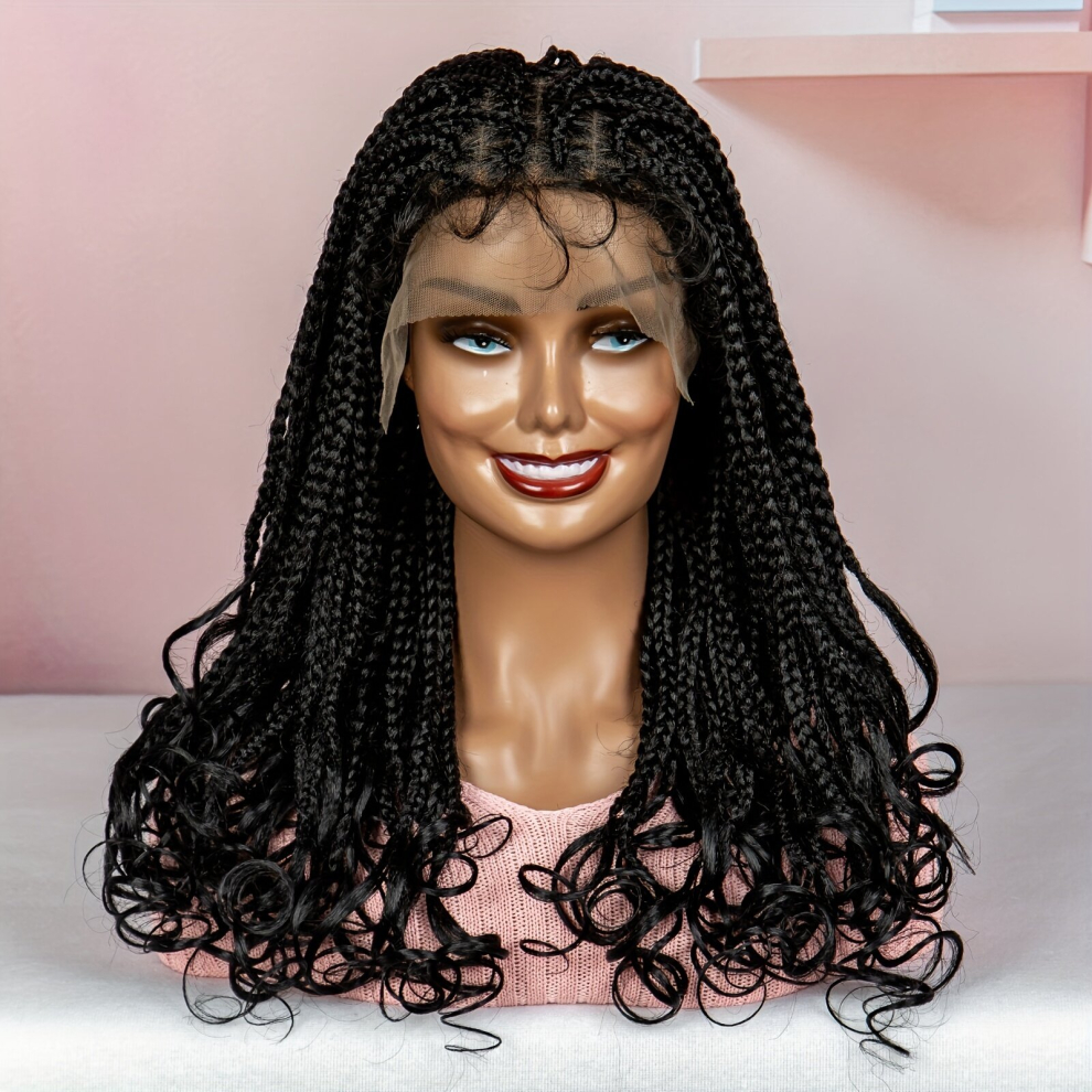 Unisex Black Box Braided Synthetic Wigs Goddess Box Braids With Bouncy Wavy Ends Lace Wig Braided Wigs With Baby Hair For Women