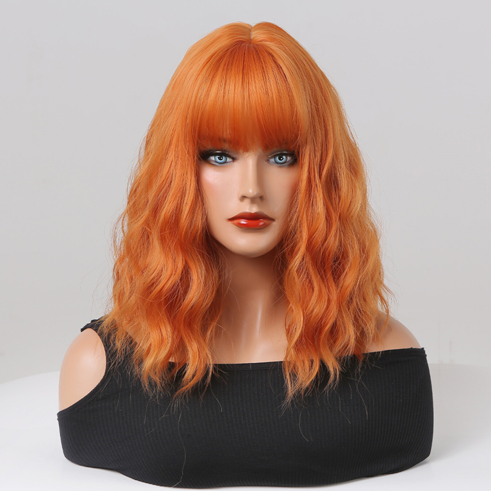 Orange Synthetic Bob Wig 16 Inch Short Wavy Style for Women and Girls Natural Shoulder Length Bangs Perfect for Any Occasion