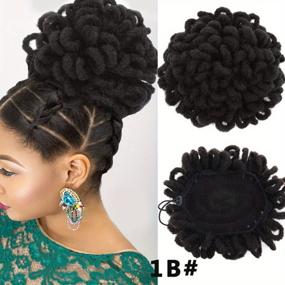 Unisex Black Synthetic Dreadlock Hair Bun Ponytail Extension Afro Puff Chignon Drawstring Ponytail Extensions Faux Locs Bun Hair Pieces