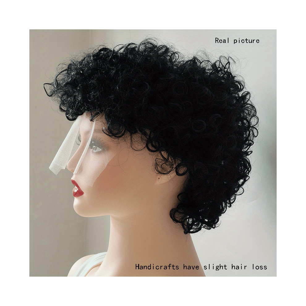 Unisex Black Short Afro Curly Pixie Wig With Bangs Synthetic Wig Beginners Friendly Costume Wig