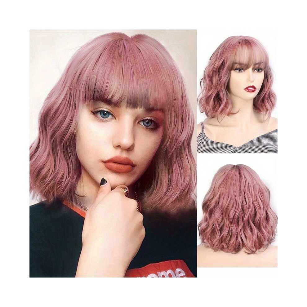 Unisex Multicoloured Short Curly Bob Cut Wig With Bangs Synthetic Wig Beginners Friendly Heat Resistant