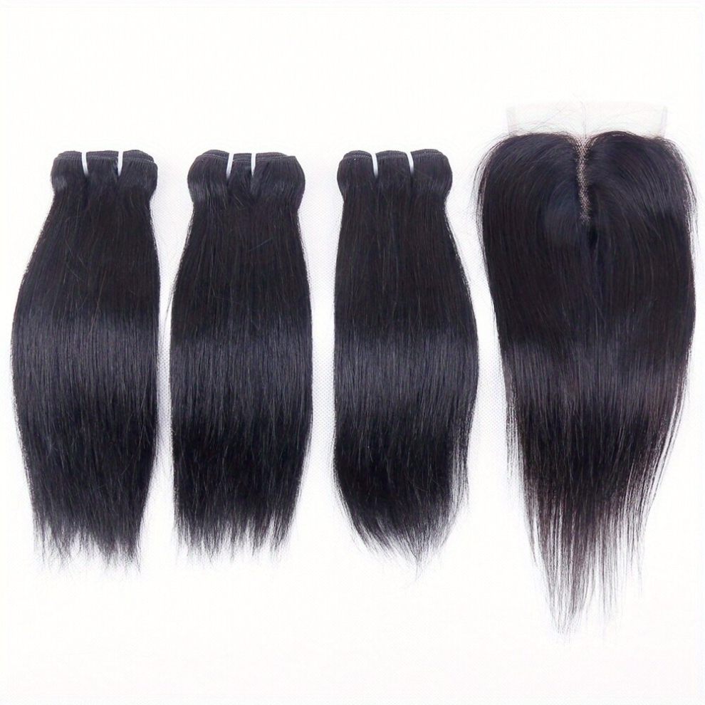 Unisex Black Brazilian Straight Human Hair Bundles With Closure Straight 3 4 Bundles With Closure 50G&70G Bundle Unprocessed Straight Virgin Short Bob Hair Bundles