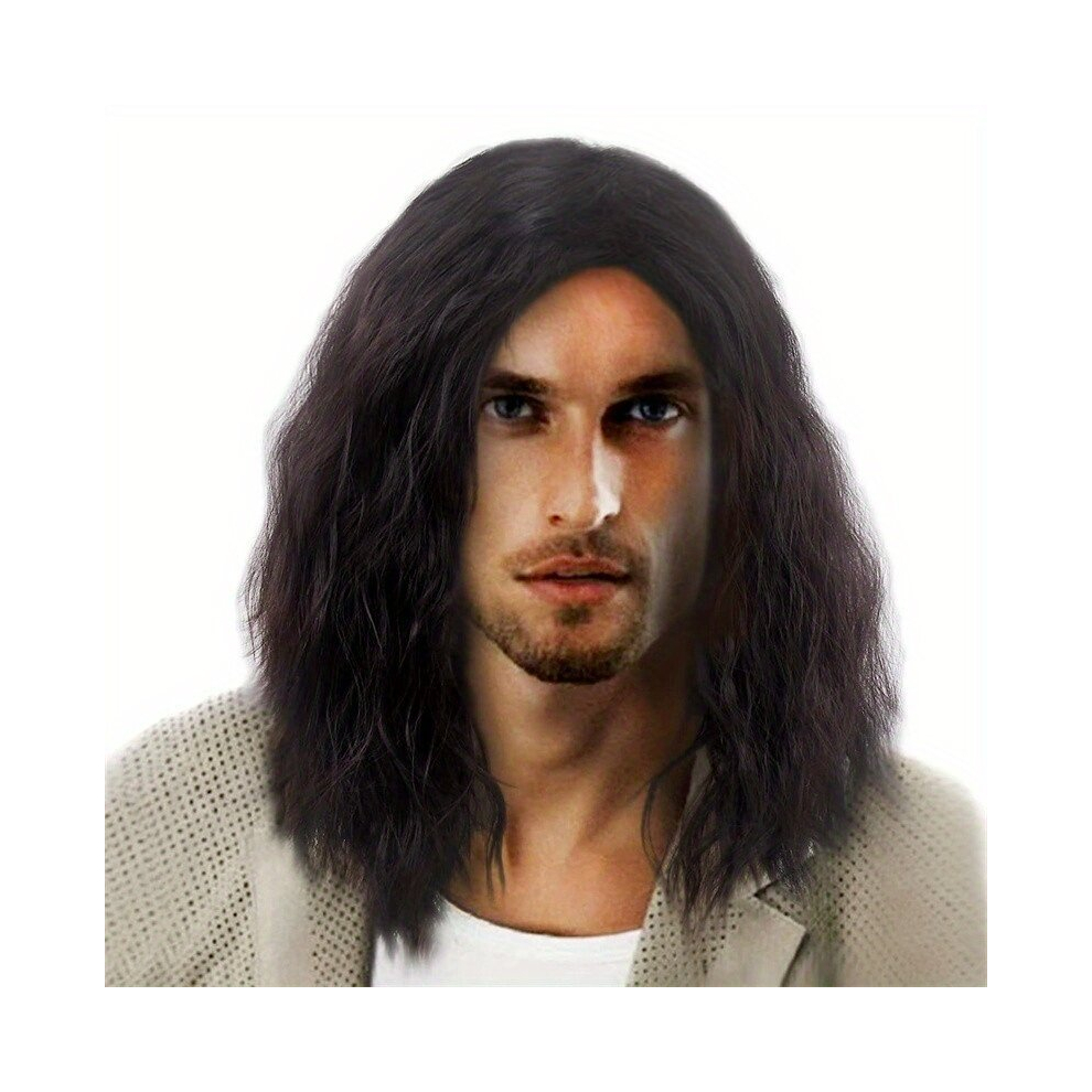 Unisex Black Mens Shoulder Length Curly Hair Wig Handsome Corn Perm European And American Chemical Fiber Full Headgear Synthetic Wig