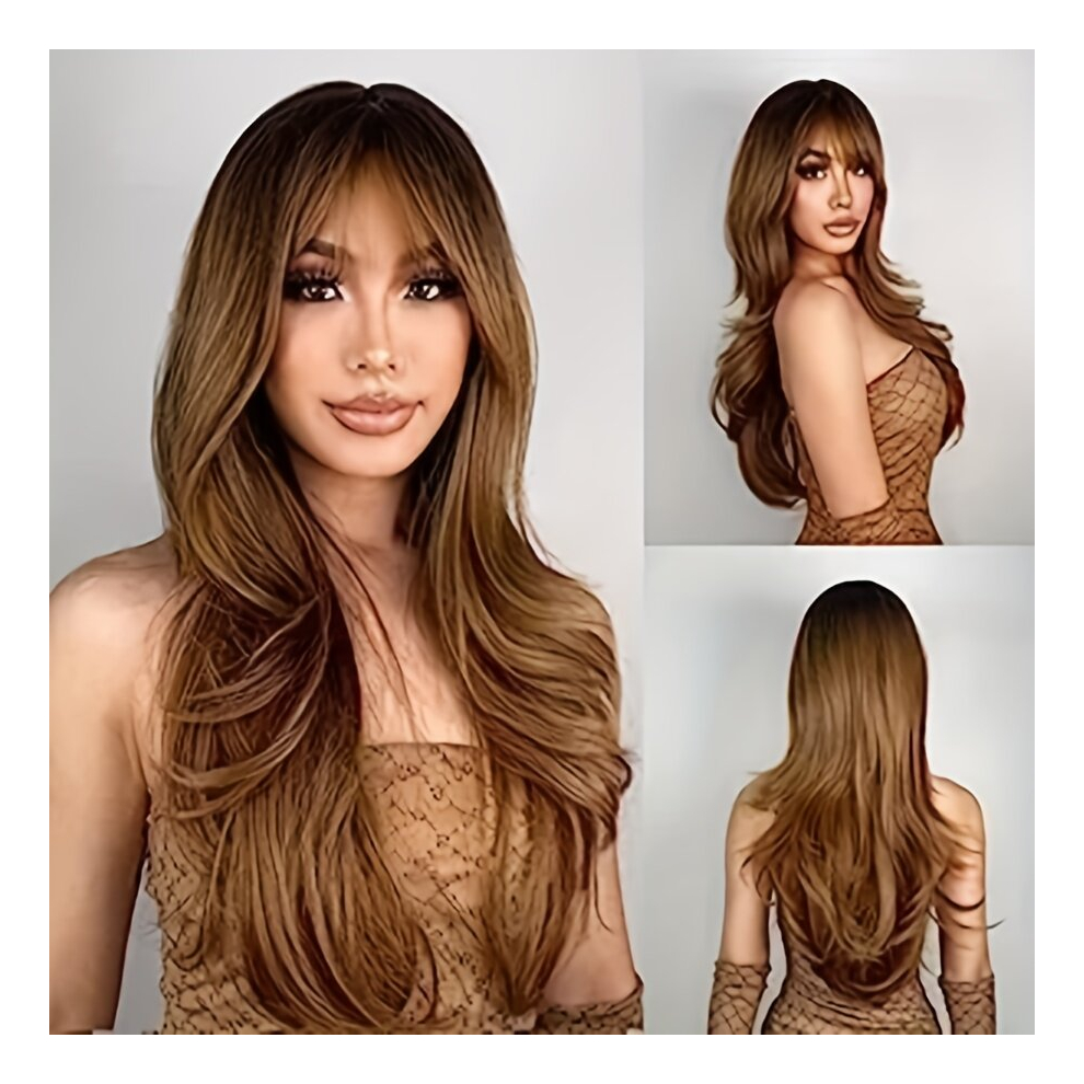 60 96 Cm Long Wavy Wig With Bangs Brown Wig Heat Resistance Layered Wigs For Women Red Brown