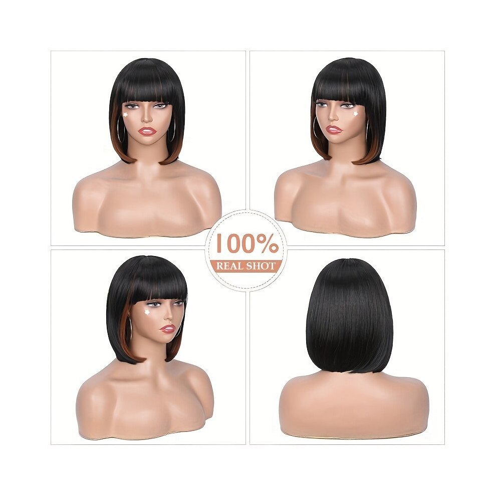 Unisex Multicoloured 30 48 Cm Highlight Blonde Straight Short Bob Glueless Wig Heat Resistant Synthetic Straight Hair Wigs With Bangs For Women