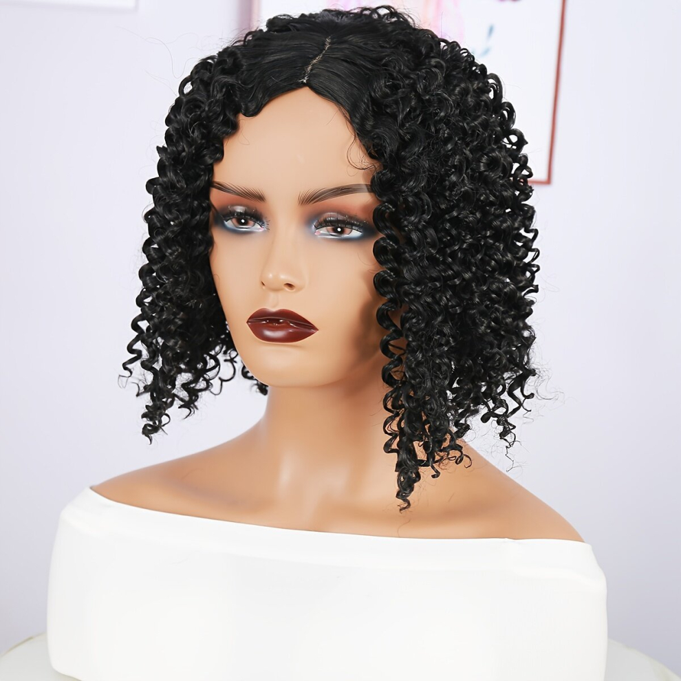 Unisex Black Fluffy African Small Curly Hair Hand Wound Tube Short Curly Hair Chemical Fiber Headgear Synthetic Wig