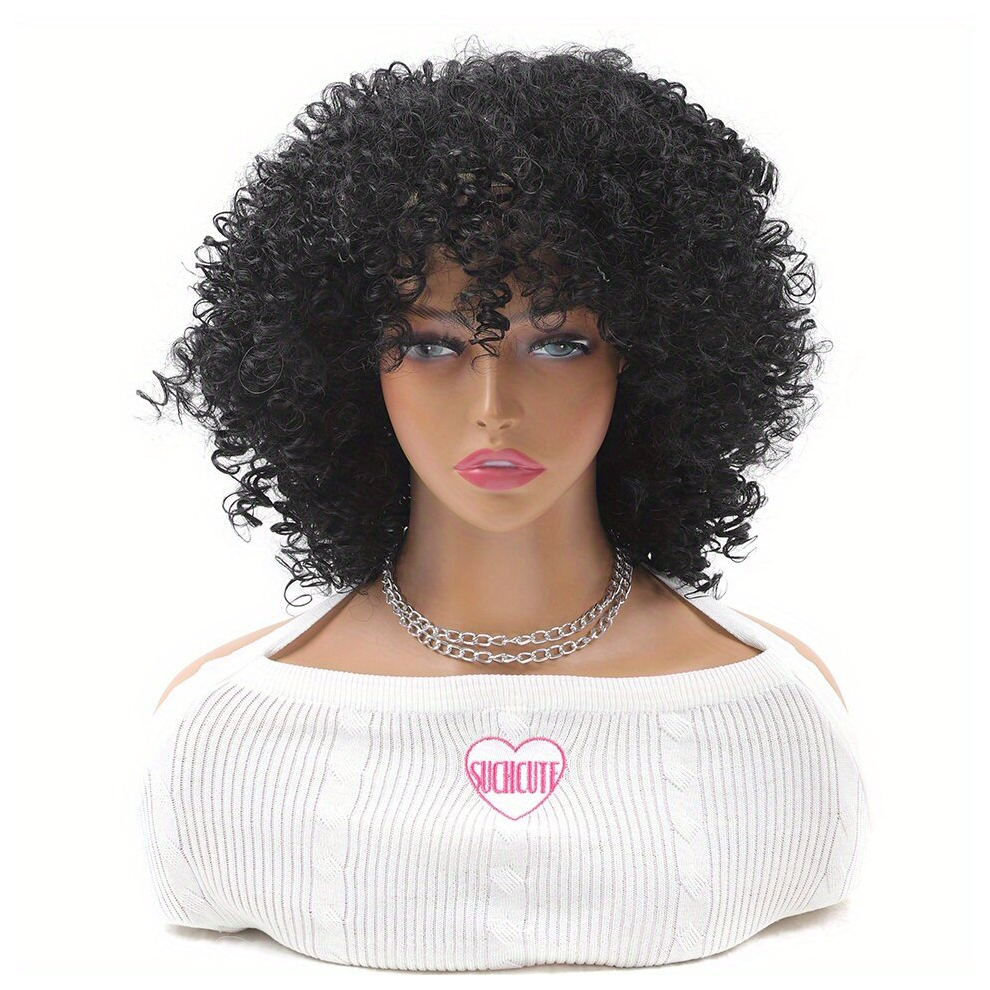 Unisex Black Afro Curly Wigs For Women Short Kinky Curly Wigs With Bangs Synthetic Fibre Hair Wigs For Halloween Cosplay Daily Wear