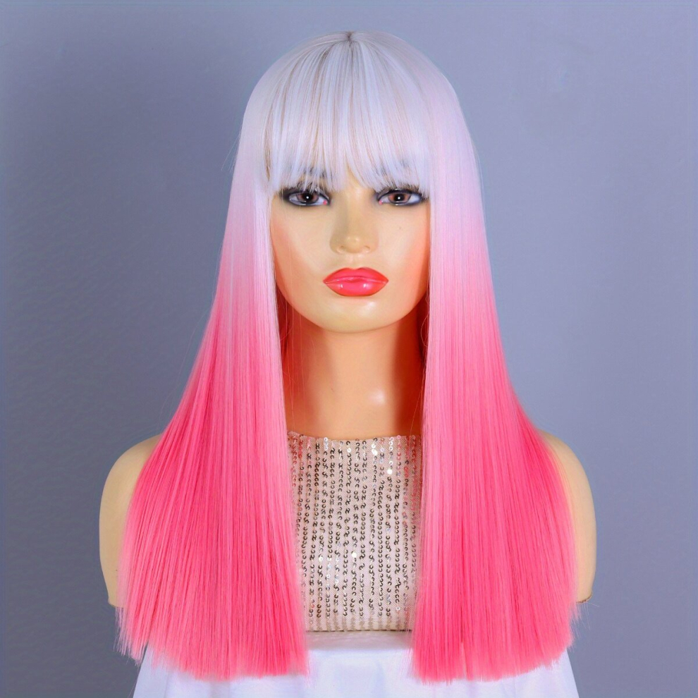 Ombre Pink Straight Hair Wigs With Bangs For Women Straight Synthetic Fiber Hair Replacement Wigs For Party Cosplay Daily Use