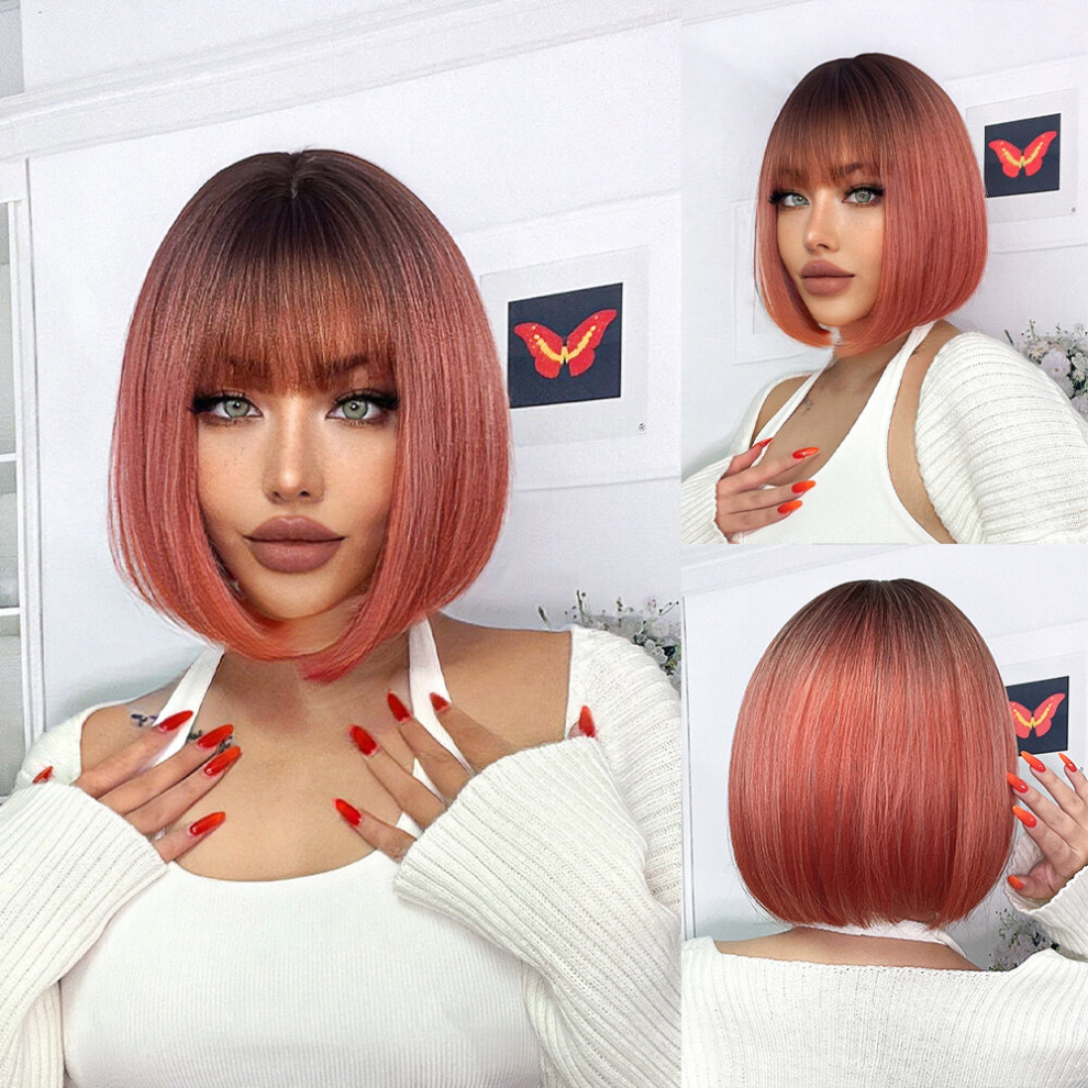 Half Red And Half Blonde Short Bob Wig Synthetic Wigs For Women 14inch Straight Wigs Heat Resistant Cosplay Halloween Party Lolita Natural Daily Hair